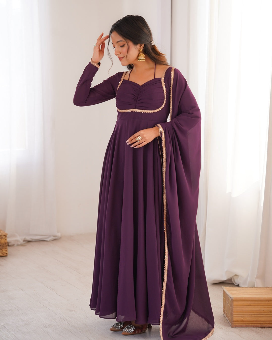 Wine Color Pure Blooming Georgette Anarkali Gown – Designer Party & Festive Wear