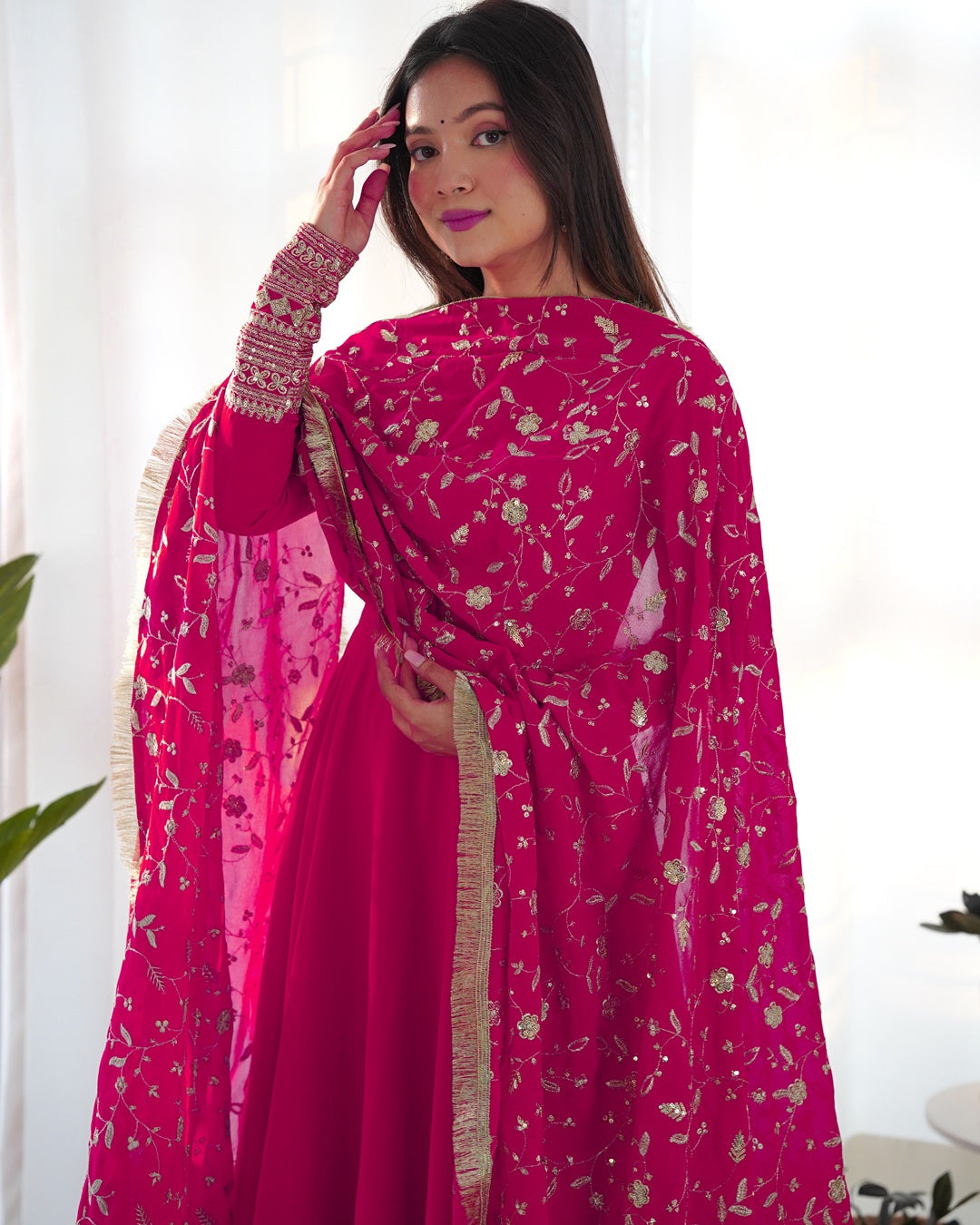 Rani Pink Color Soft Georgette Anarkali Gown With Heavy Embroidery Work Dupatta