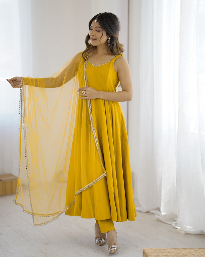 Haldi Chanderi Silk Anarkali with Dupatta & Pants