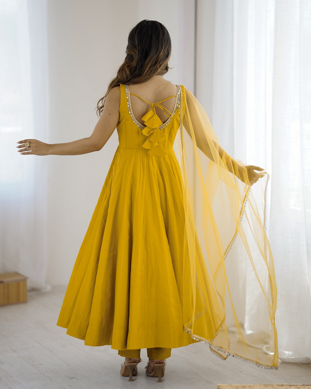 Haldi Chanderi Silk Anarkali with Dupatta & Pants