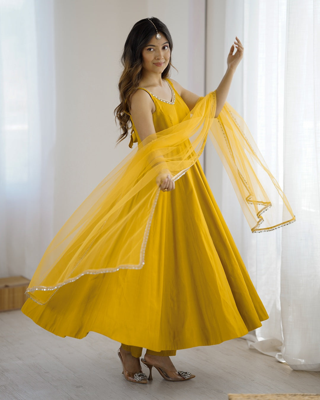 Haldi Chanderi Silk Anarkali with Dupatta & Pants