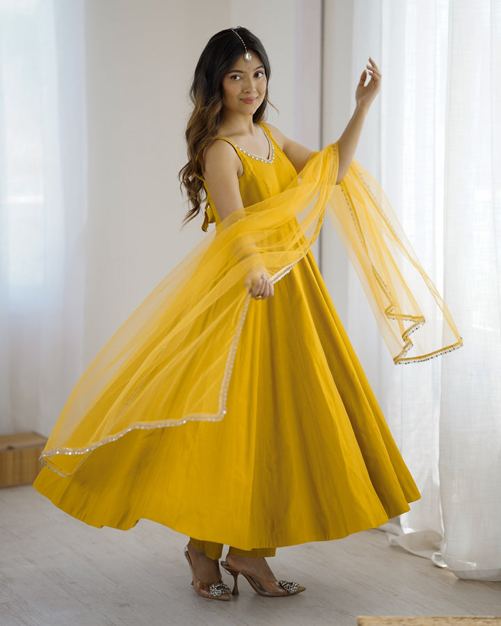 Haldi Chanderi Silk Anarkali with Dupatta & Pants