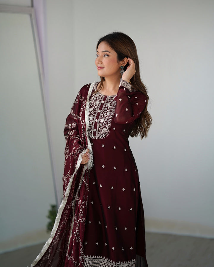 Maroon Color Rangoli Silk Three Piece Kurti Suit