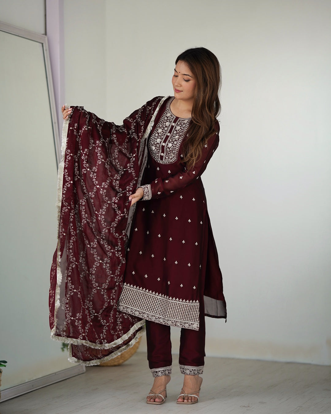 Maroon Color Rangoli Silk Three Piece Kurti Suit
