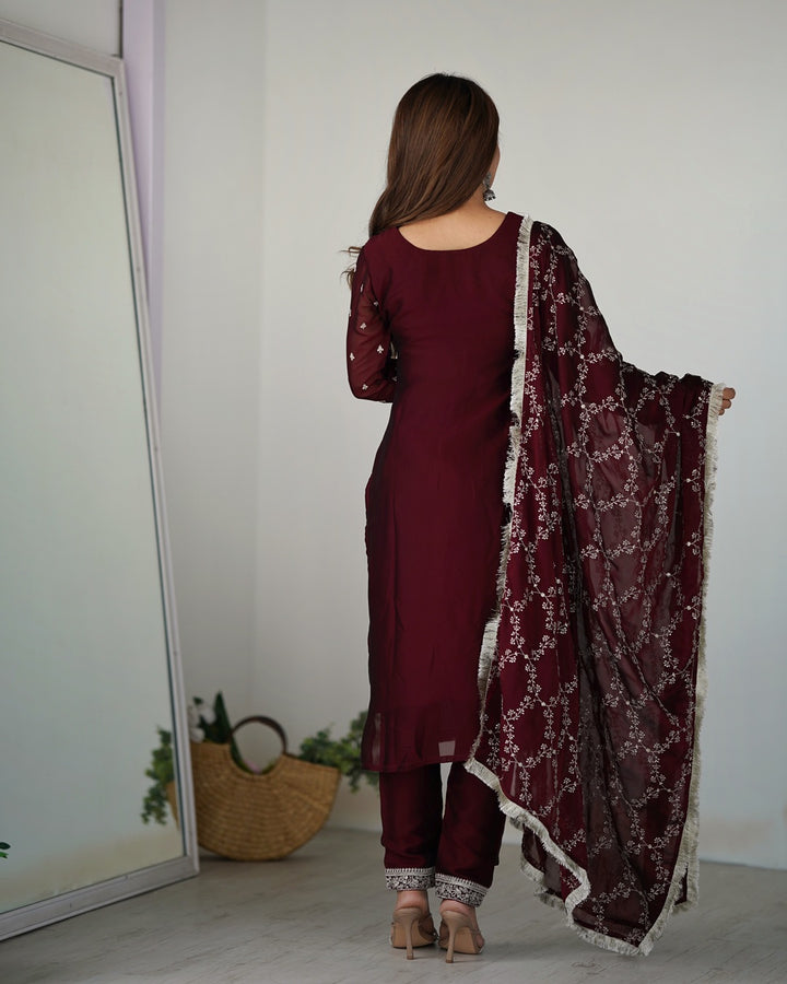 Maroon Color Rangoli Silk Three Piece Kurti Suit