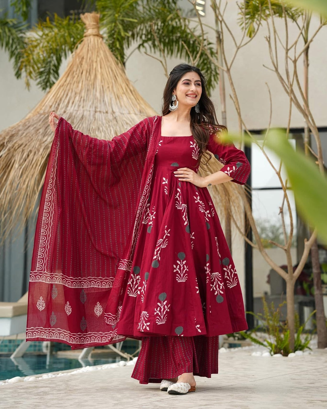 Maroon Digital Print Maslin Suit with Blooming Dupatta