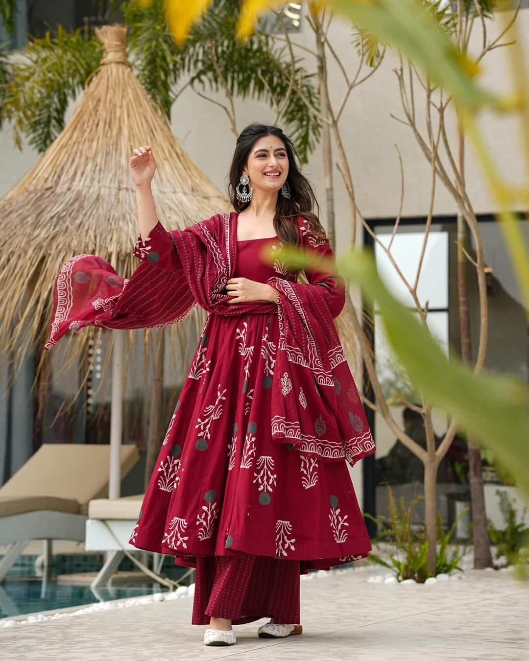 Maroon Digital Print Maslin Suit with Blooming Dupatta