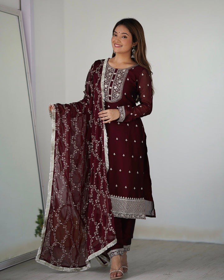 Maroon Color Rangoli Silk Three Piece Kurti Suit