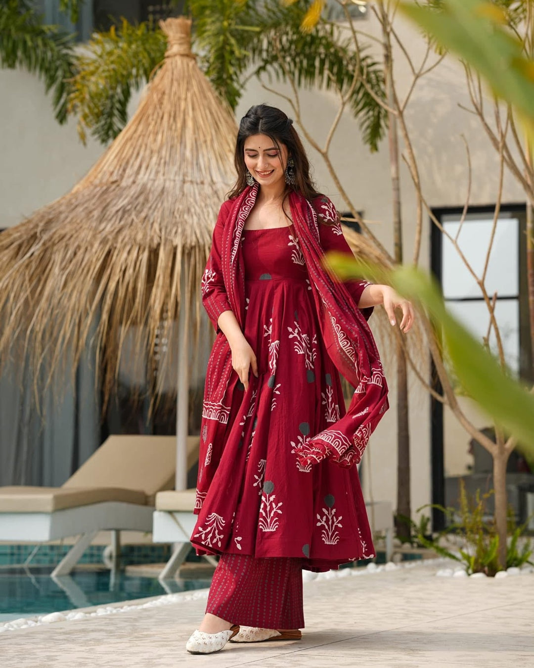 Maroon Digital Print Maslin Suit with Blooming Dupatta