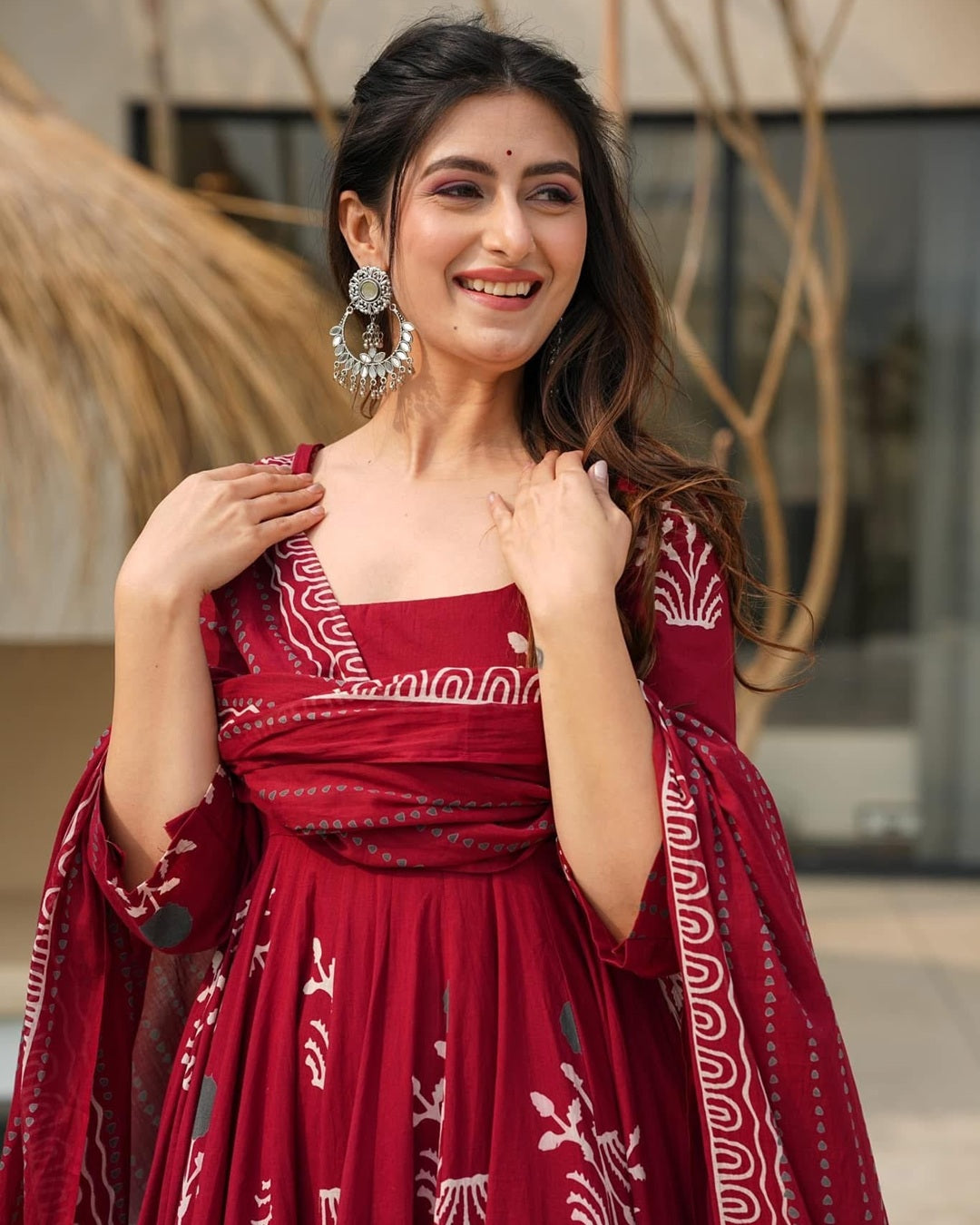 Maroon Digital Print Maslin Suit with Blooming Dupatta