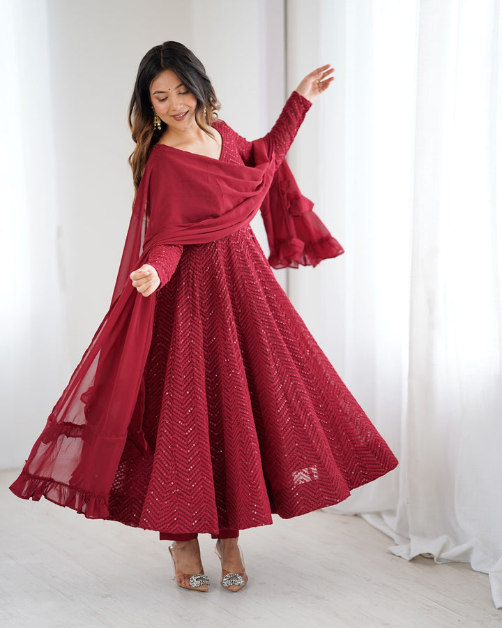 Maroon Color Georgette Lucknowi Three Piece Anarkali Suit