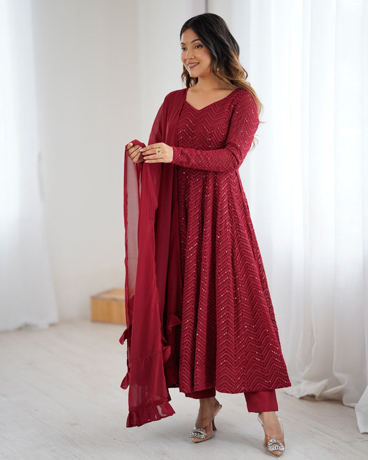 Maroon Color Georgette Lucknowi Three Piece Anarkali Suit