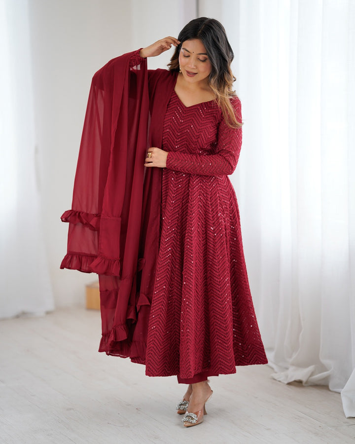 Maroon Color Georgette Lucknowi Three Piece Anarkali Suit