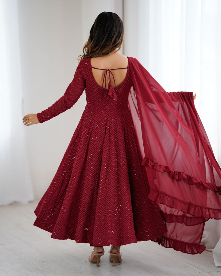 Maroon Color Georgette Lucknowi Three Piece Anarkali Suit