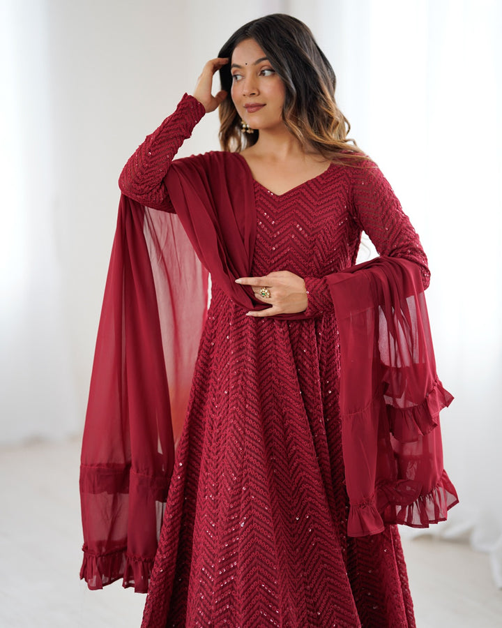 Maroon Color Georgette Lucknowi Three Piece Anarkali Suit