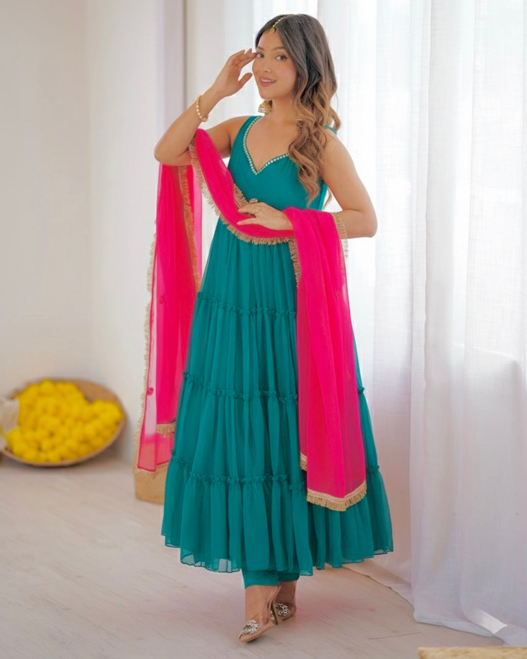 Rama Color Georgette Chiffon Three Piece Anarkali Suit