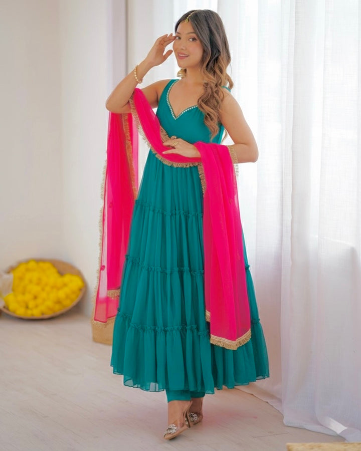 Rama Color Georgette Chiffon Three Piece Anarkali Suit