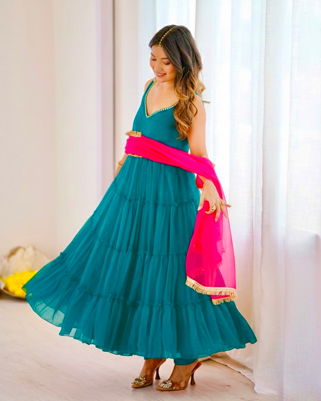 Rama Color Georgette Chiffon Three Piece Anarkali Suit