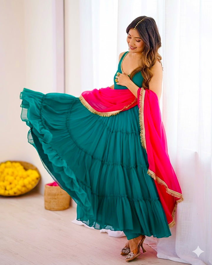 Rama Color Georgette Chiffon Three Piece Anarkali Suit