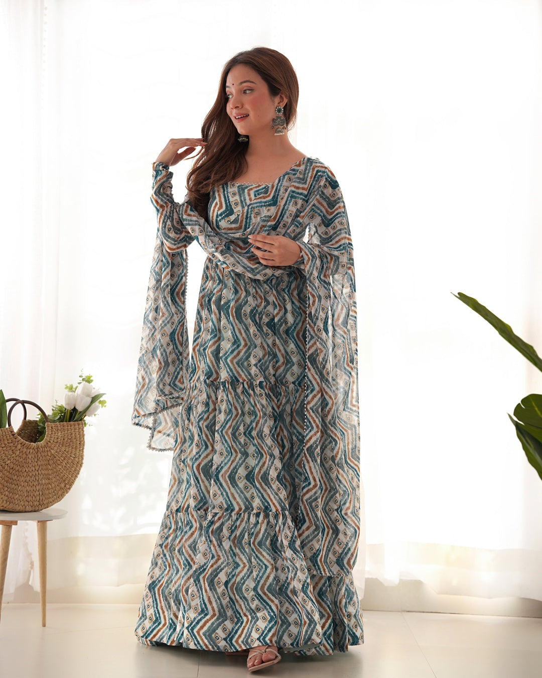 Light Blue Color Soft Georgette Ruffle Style Anarkali Suit