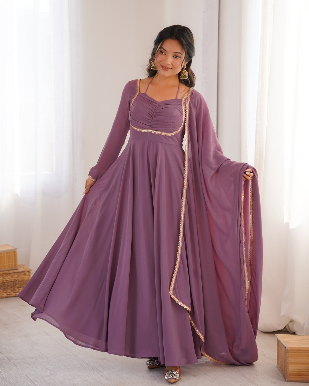 Mauve Pink Pure Blooming Georgette Anarkali Gown – Designer Party & Festive Wear