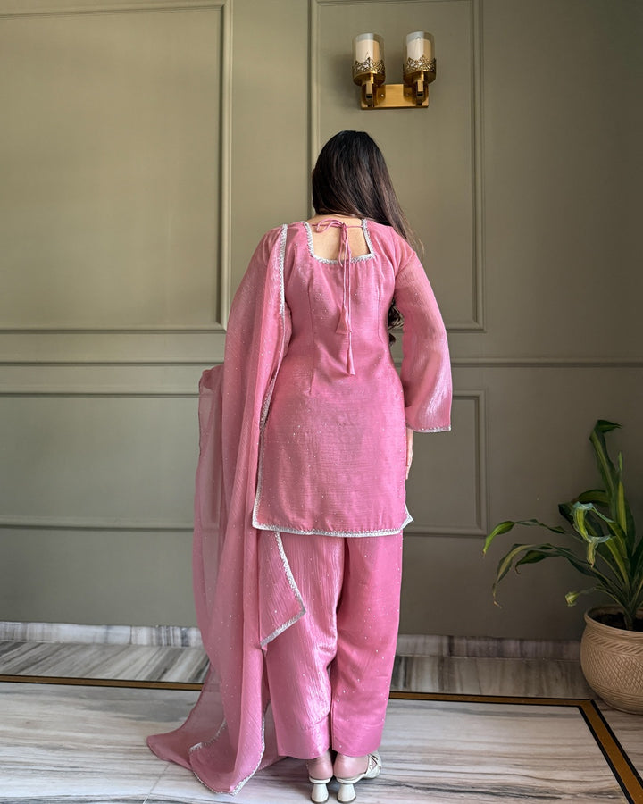 Pink Crunchy Silk Farshi Salwar Suit Set with Swarovski Work – Designer Festive & Wedding Wear