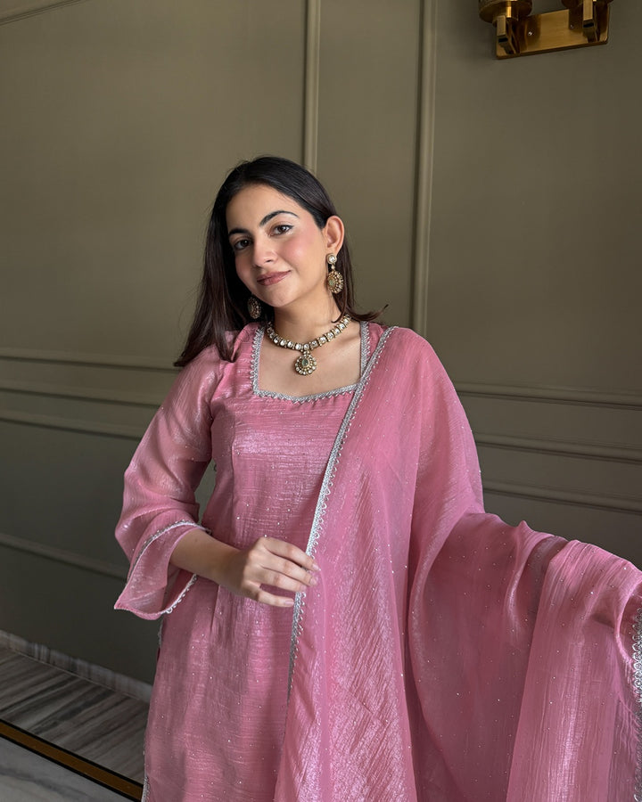 Pink Crunchy Silk Farshi Salwar Suit Set with Swarovski Work – Designer Festive & Wedding Wear
