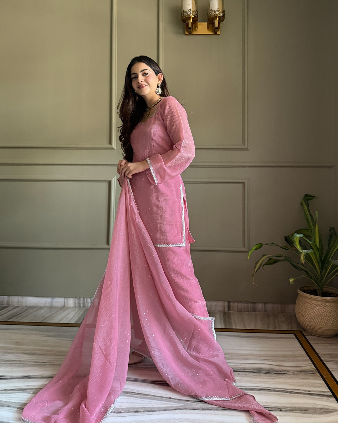 Pink Crunchy Silk Farshi Salwar Suit Set with Swarovski Work – Designer Festive & Wedding Wear