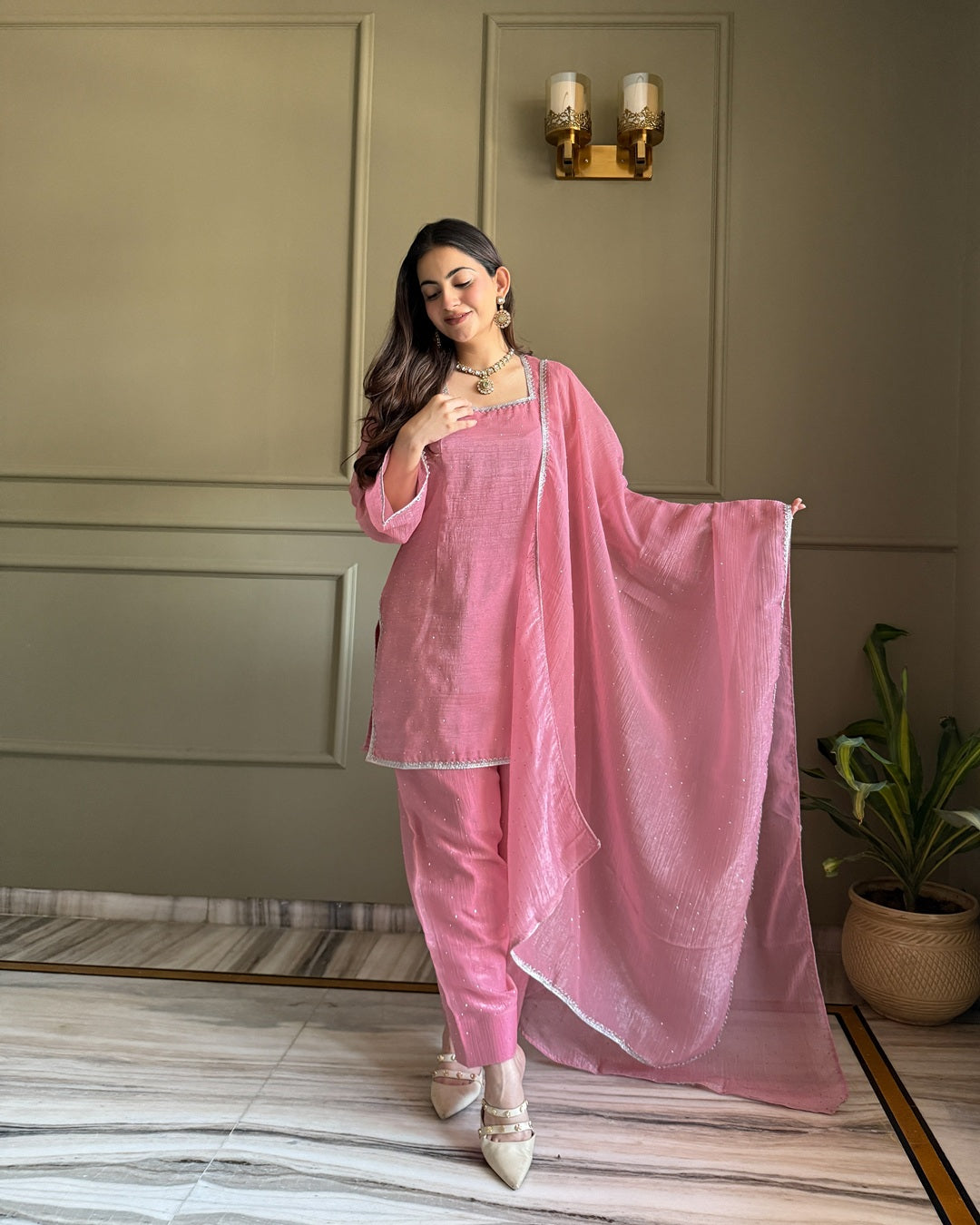 Pink Crunchy Silk Farshi Salwar Suit Set with Swarovski Work – Designer Festive & Wedding Wear
