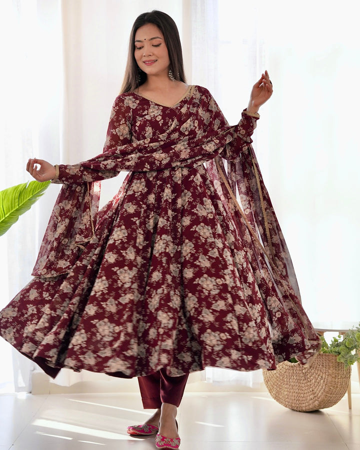 Dark Maroon Color Georgette Three Piece Anarkali Suit