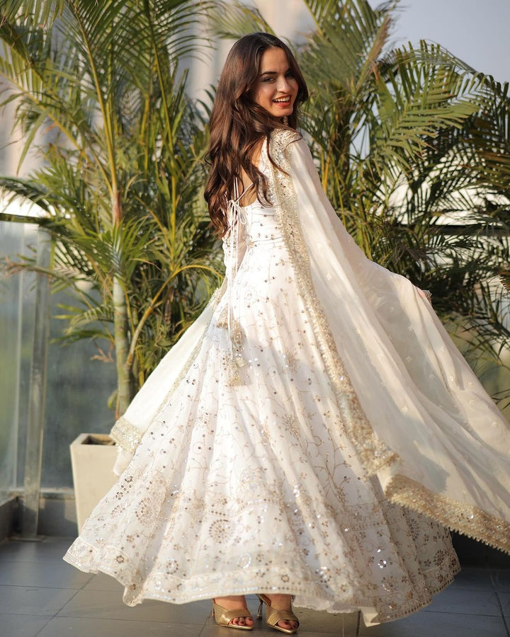 White Glamour Sequin Gown & Dupatta