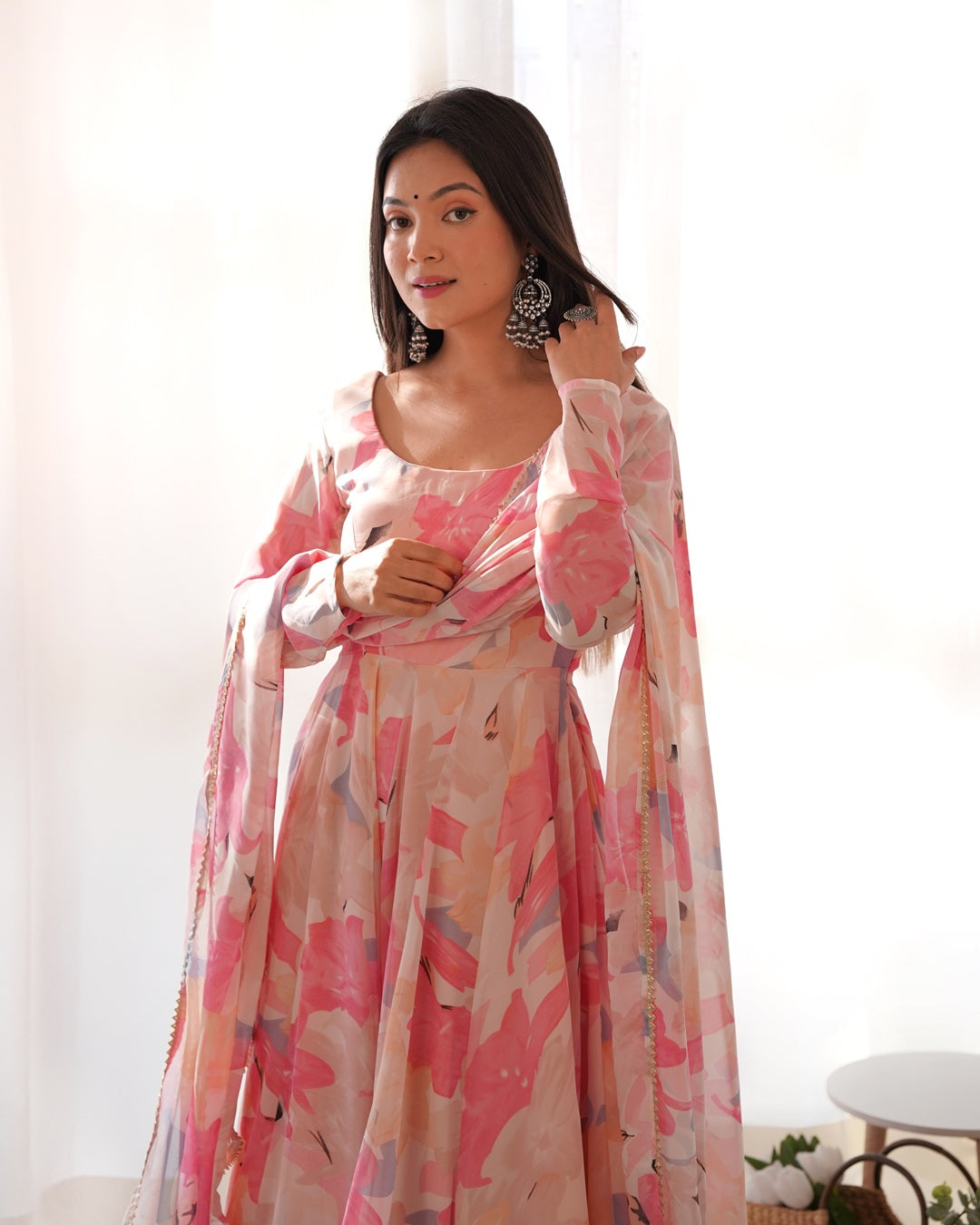 Beautiful Baby Pink Multi Color Georgette Three Piece Anarkali Suit