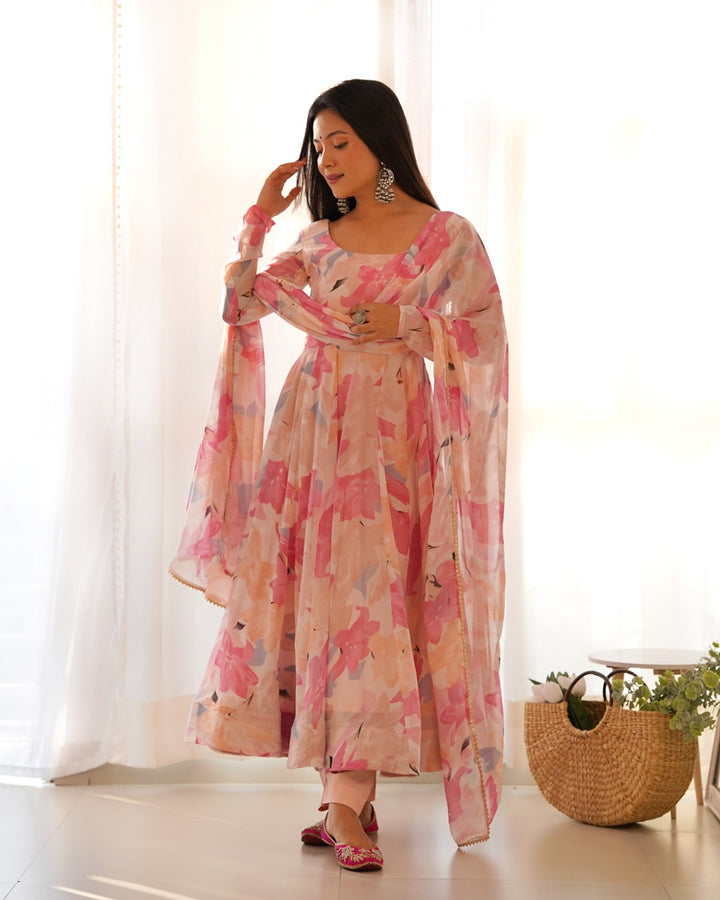 Beautiful Baby Pink Multi Color Georgette Three Piece Anarkali Suit