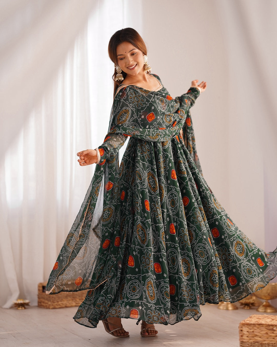 Green Color Bandhej Print Soft Chiffon Anarkali Gown