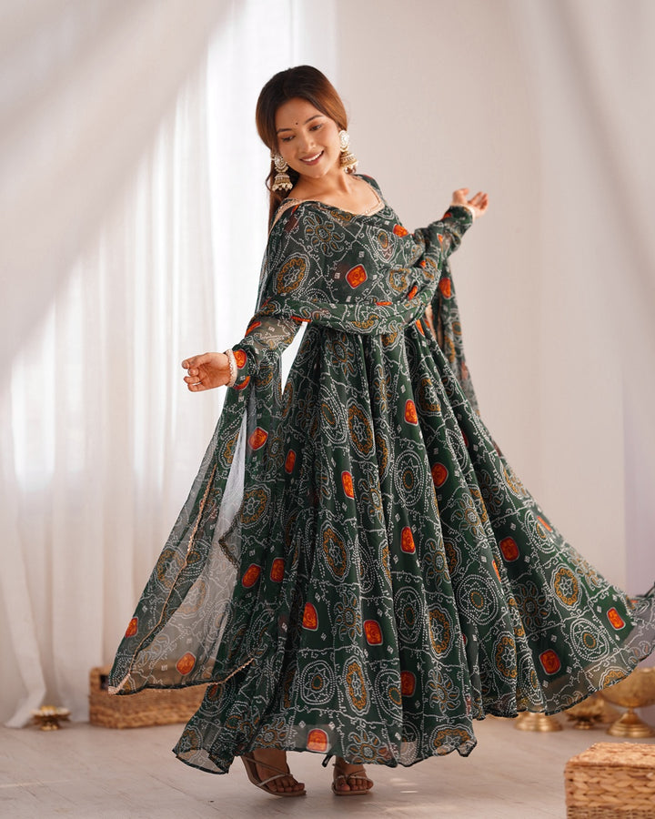 Green Color Bandhej Print Soft Chiffon Anarkali Gown