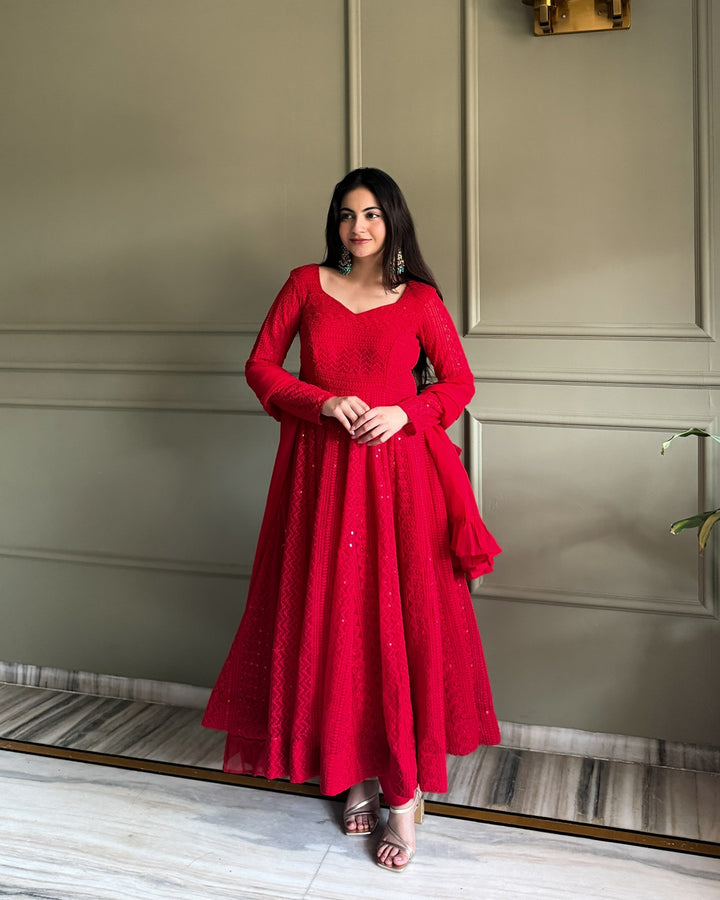Red Lucknowi Work Georgette Anarkali Suit Set – Elegant Festive & Party Wear