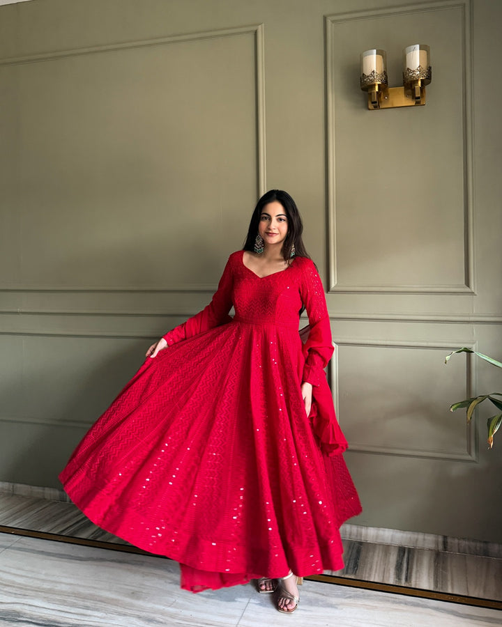 Red Lucknowi Work Georgette Anarkali Suit Set – Elegant Festive & Party Wear