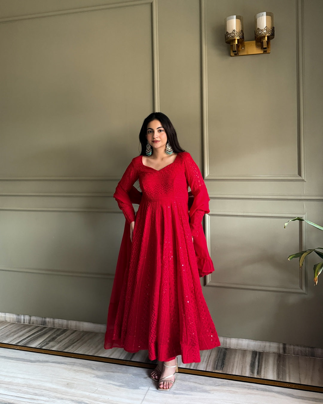 Red Lucknowi Work Georgette Anarkali Suit Set – Elegant Festive & Party Wear