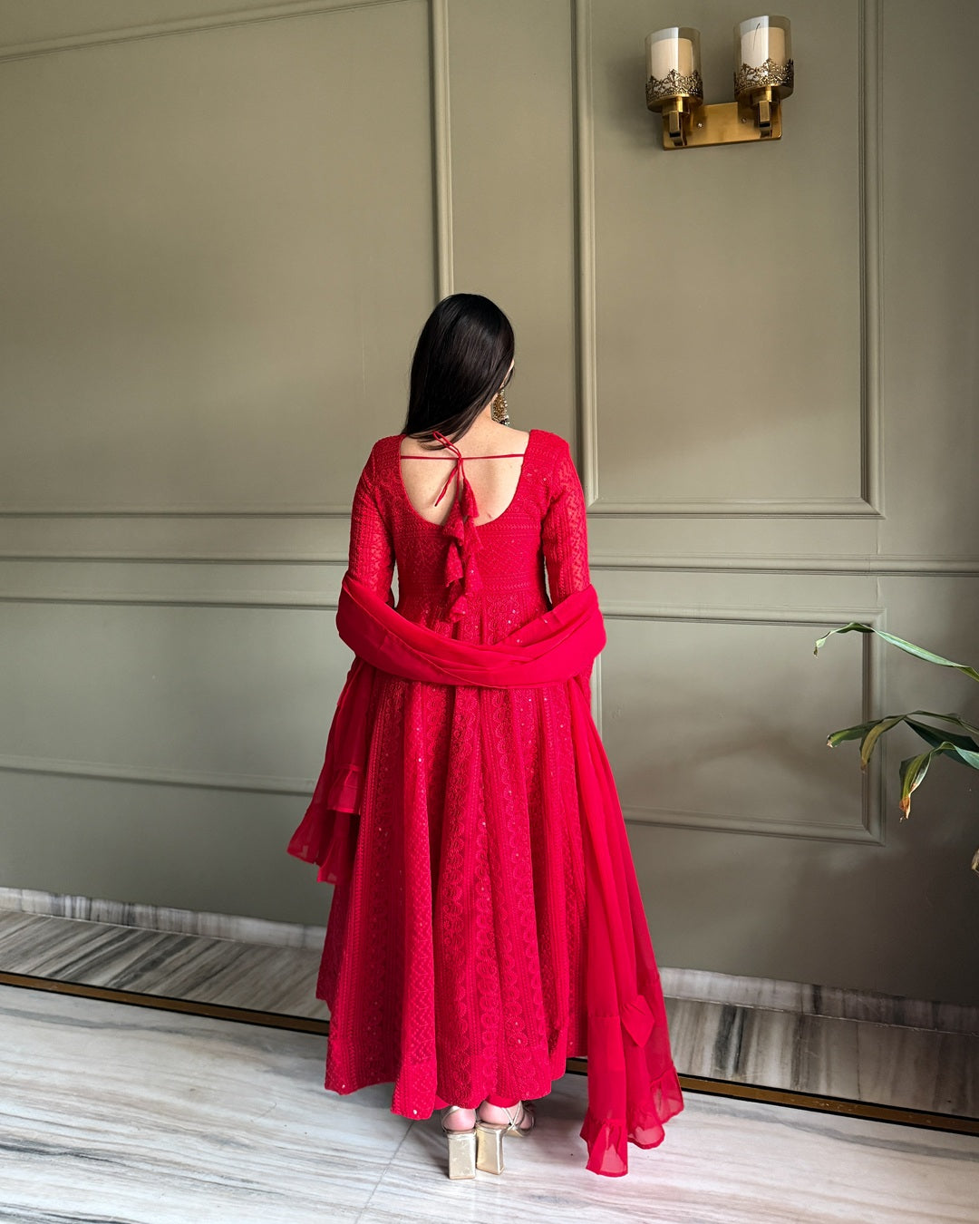 Red Lucknowi Work Georgette Anarkali Suit Set – Elegant Festive & Party Wear
