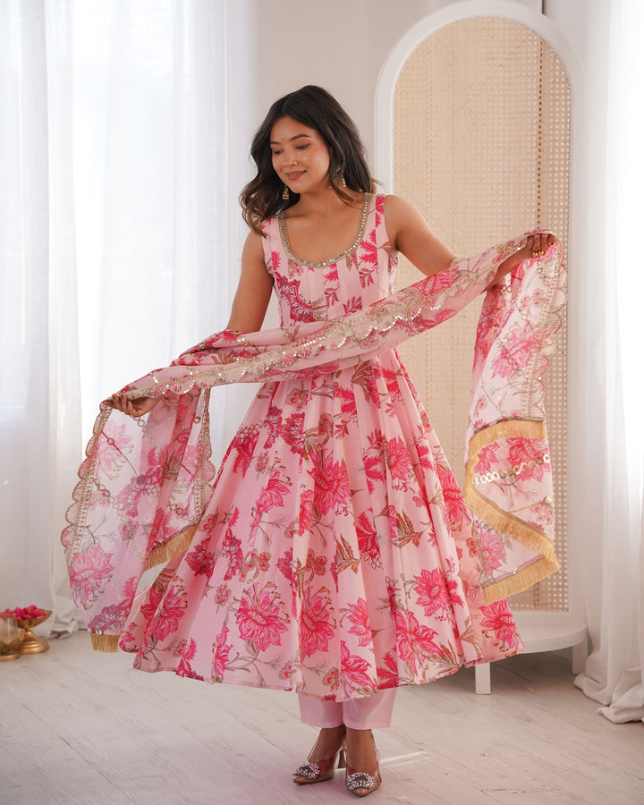 Baby Pink Pure Muslin Cotton Three Piece Anarkali Suit with Dupatta | Designer Festive Ethnic Wear for Women