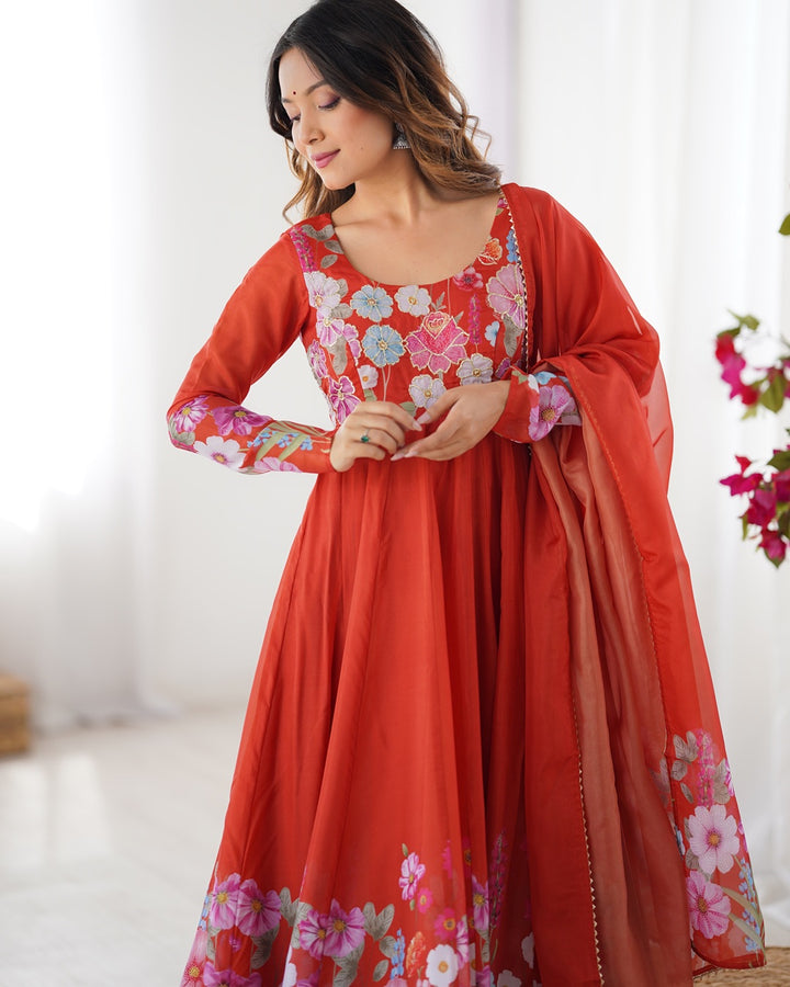 Rust Color Floral Print Organza Three Piece Anarkali Suit
