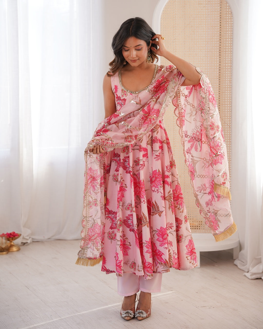 Baby Pink Pure Muslin Cotton Three Piece Anarkali Suit with Dupatta | Designer Festive Ethnic Wear for Women
