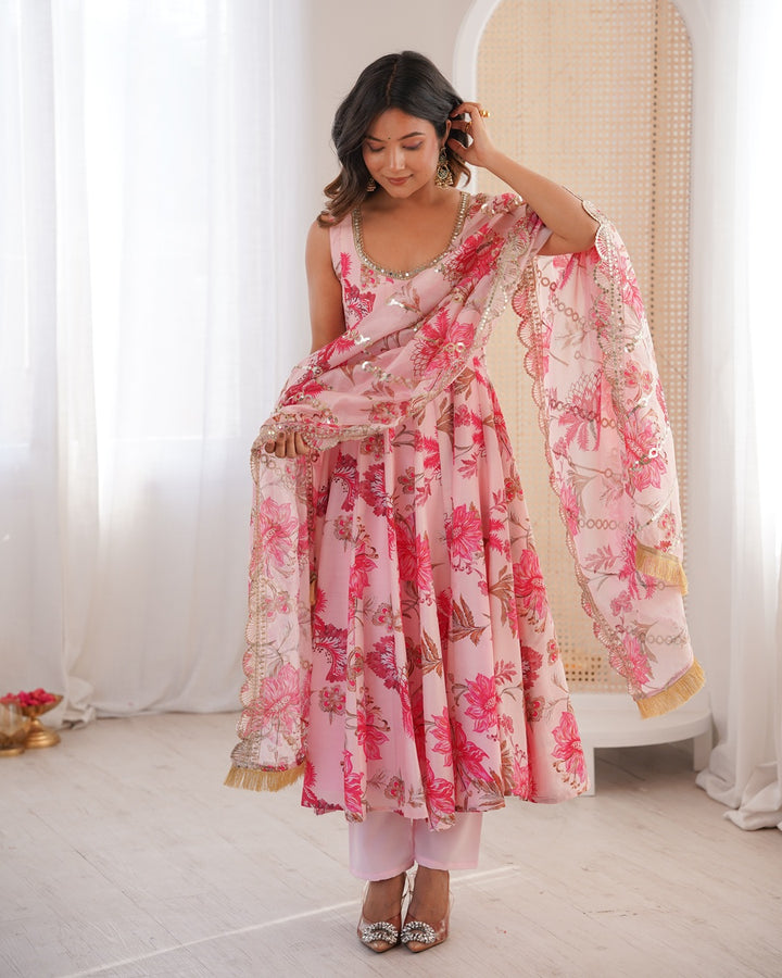Baby Pink Pure Muslin Cotton Three Piece Anarkali Suit with Dupatta | Designer Festive Ethnic Wear for Women
