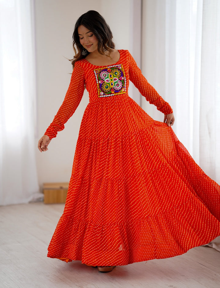 Designer Orange Laheriya Print Navratri Gown