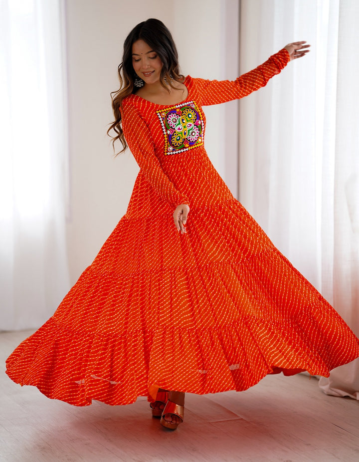 Designer Orange Laheriya Print Navratri Gown