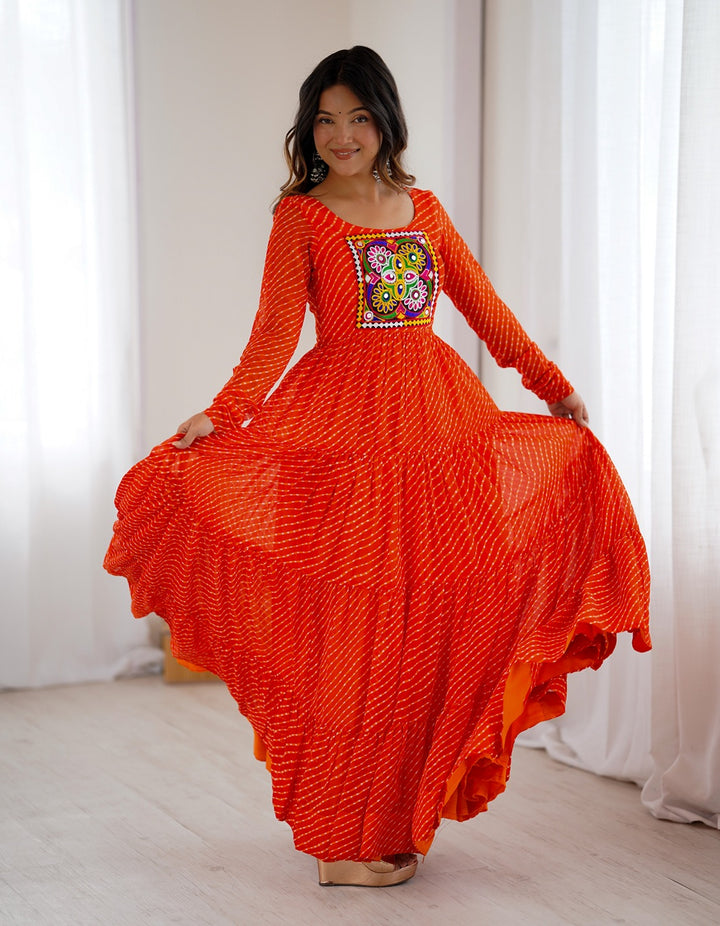 Designer Orange Laheriya Print Navratri Gown