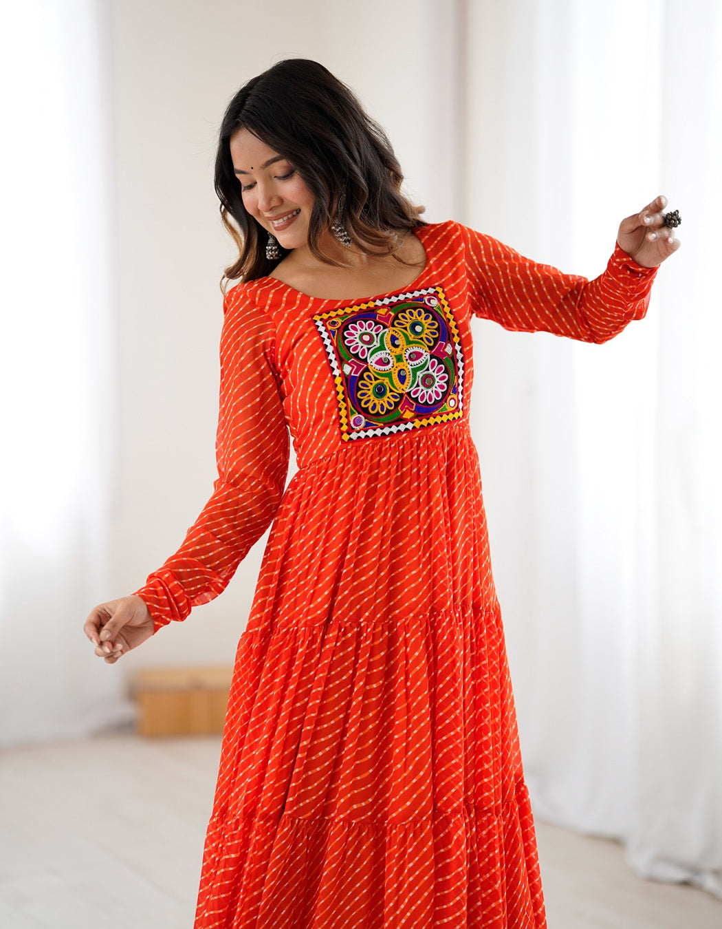 Designer Orange Laheriya Print Navratri Gown