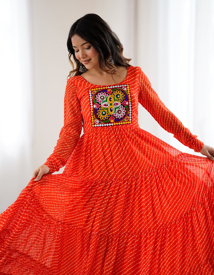 Designer Orange Laheriya Print Navratri Gown