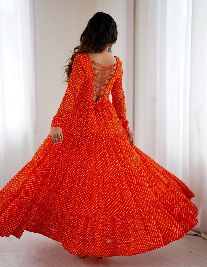 Designer Orange Laheriya Print Navratri Gown