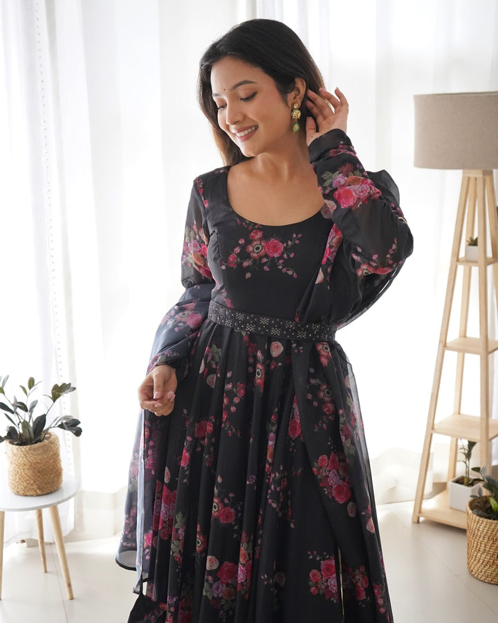 Black Color Floral Print Soft Organza Silk Kali Cut Anarkali Suit